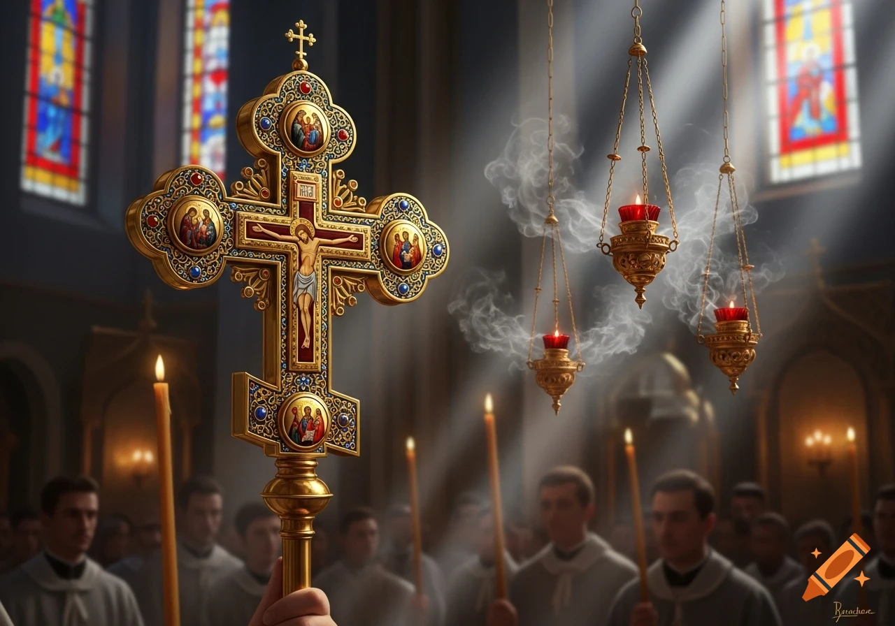 A golden Orthodox processional cross with icons, held during a church ceremony with burning candles and incense censers, and blurred figures in the background.