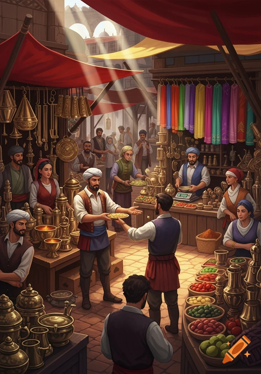 A vibrant marketplace scene with merchants and customers, trading brass goods, colorful textiles, and fresh produce under sunlit awnings.