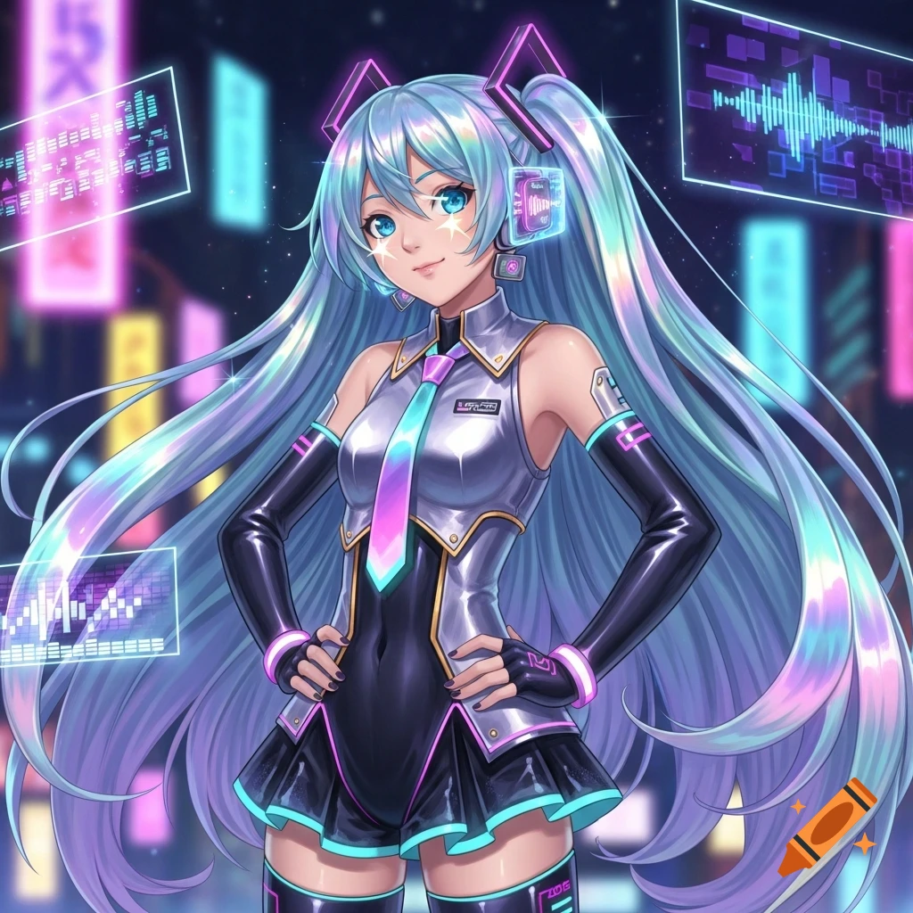 An anime girl with long, flowing blue-purple hair, blue eyes, and futuristic headphones. She wears a metallic and black outfit with a pink and blue tie, standing confidently against a dark, neon-lit cityscape background with glowing holographic displays.
