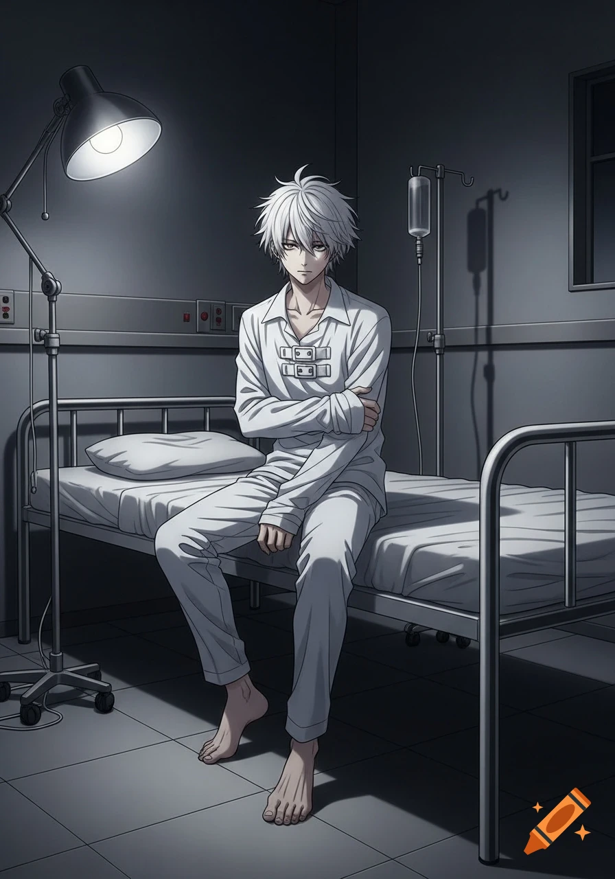 A young man with white hair in a straight jacket sits on a hospital bed in a dark psych ward room, in anime style.