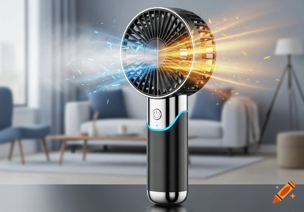 A sleek black handheld fan sits on a table, simultaneously emitting blue cool air and orange warm air in a blurred modern living room.