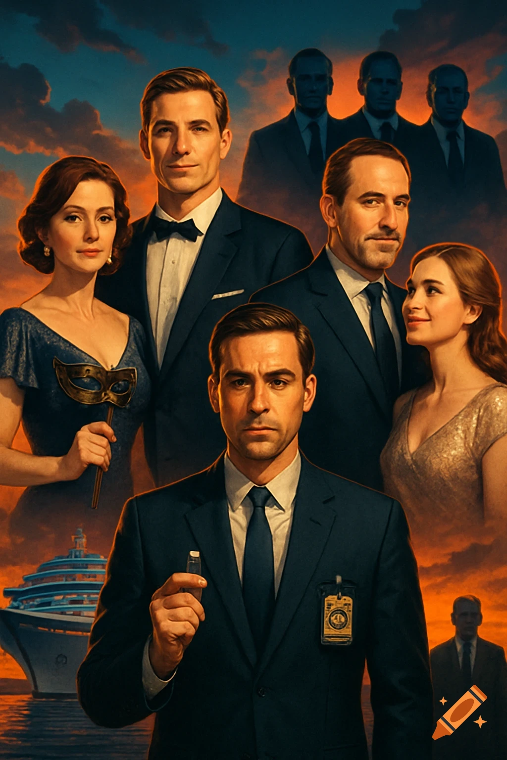 A stylized movie poster featuring a group of formally dressed men and women, with a cruise ship and dramatic sky in the background.