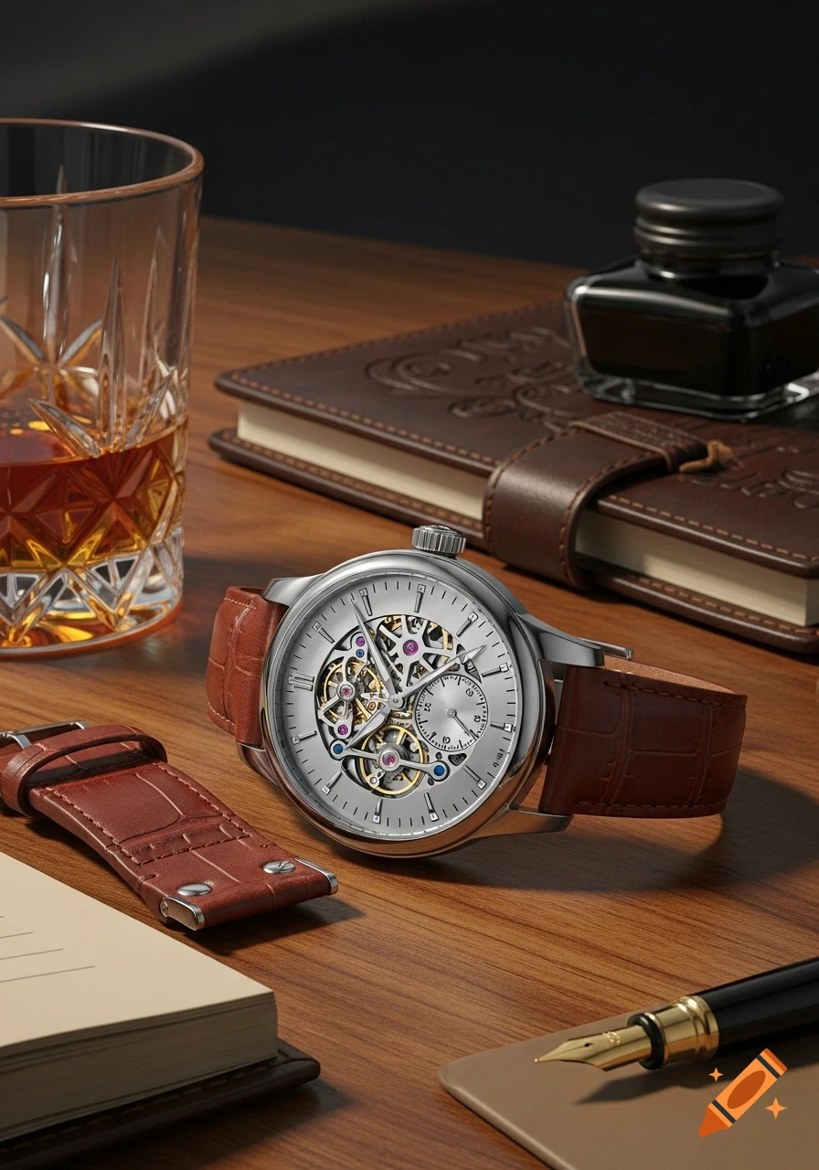 A silver skeleton watch with a brown leather strap sits on a wooden desk, next to a whiskey glass, inkwell, and fountain pen.