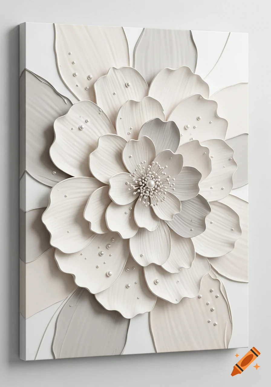 Close-up of a minimalist white and gray abstract flower canvas painting with raised petals and pearl details.