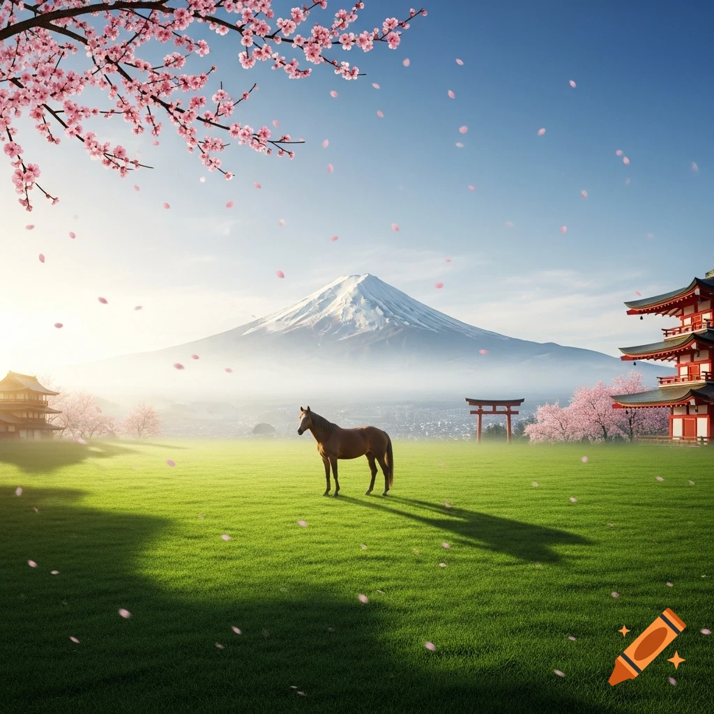 A horse in a green field with Mount Fuji, traditional Japanese pagodas, and falling cherry blossoms under a bright sky.