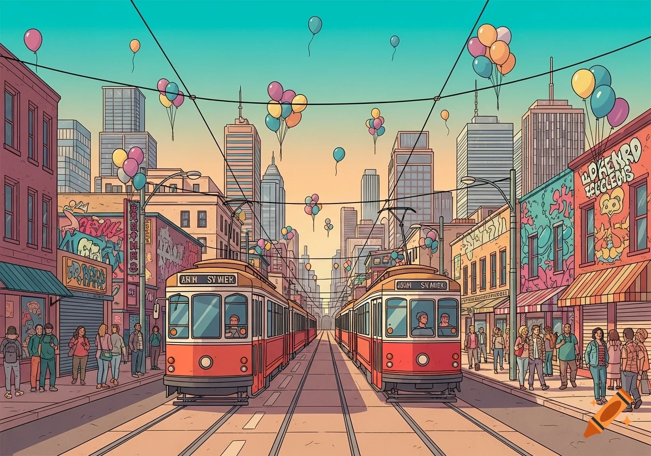 A colorful cartoon cityscape with two red trams on tracks, surrounded by people, buildings with graffiti, and balloons floating in a pastel sky.