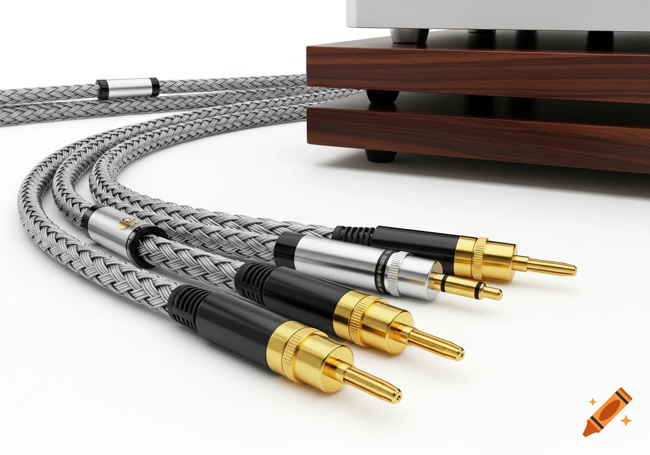Photorealistic image of braided silver audio cables with gold-tipped banana plugs and a 3.5mm jack connector, on a wooden hifi stand.