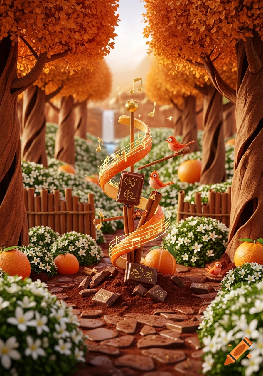 A whimsical 3D Pixar-style forest with cinnamon trees, chocolate rocks, orange blossoms, and a musical staff made of orange peel and chocolate.