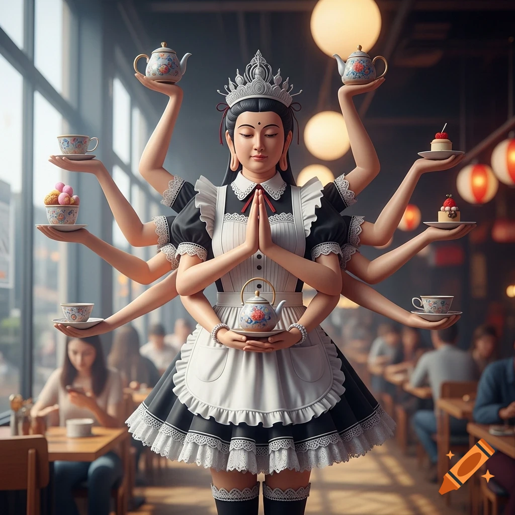 A multi-armed Kannon deity in a black and white maid outfit with a crown holds teapots, cups, and desserts in a photorealistic cafe setting.