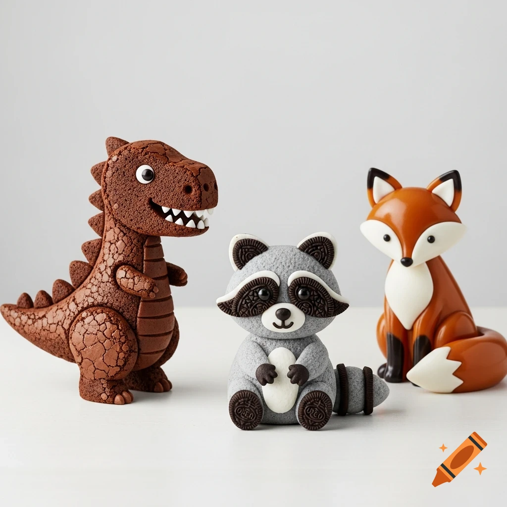 A brownie dinosaur, an Oreo cookie raccoon, and a toffee fox food art figures on a white surface.