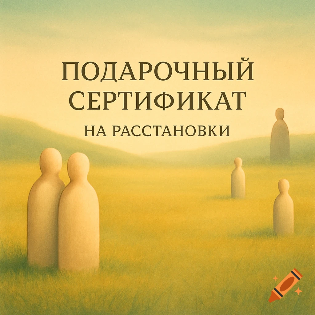 A serene landscape with abstract figures in a field, featuring text 'Подарочный сертификат на расстановки'.