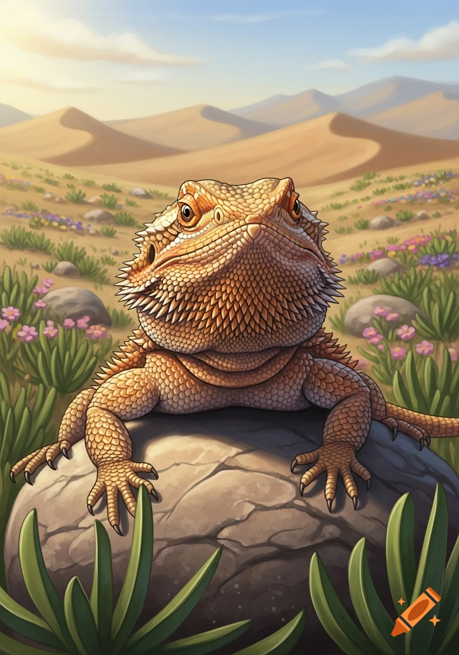 A cute illustrated bearded dragon sits on a rock in a vibrant desert landscape with sand dunes and colorful flowers.