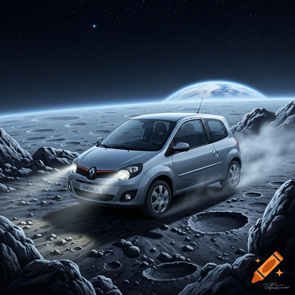 A silver Renault Twingo car drives across the cratered surface of the moon under a starry sky with Earth visible in the distance, photorealistic style.