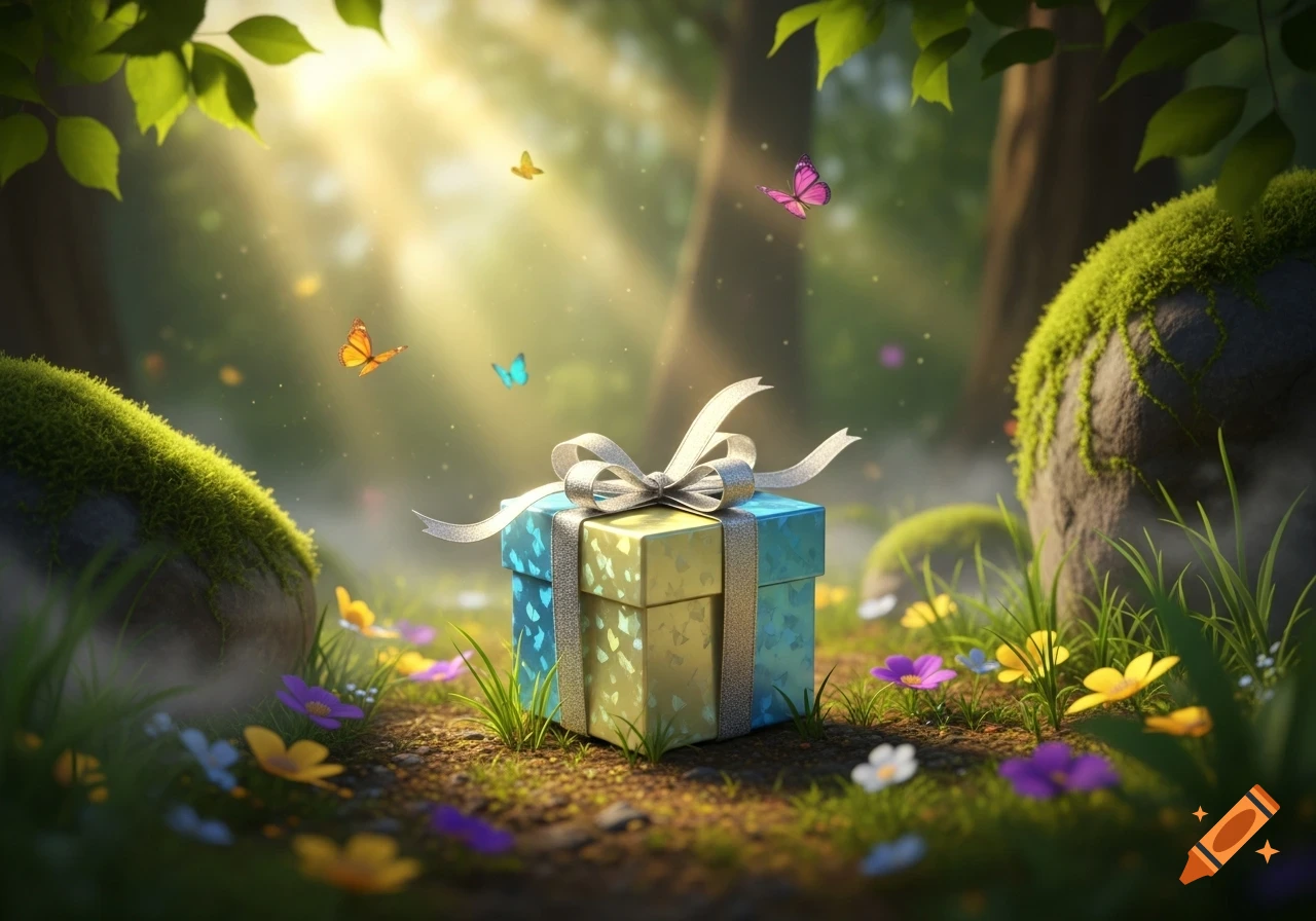 A magical forest scene with a shimmering gift box wrapped with a silver ribbon, surrounded by wildflowers and butterflies.
