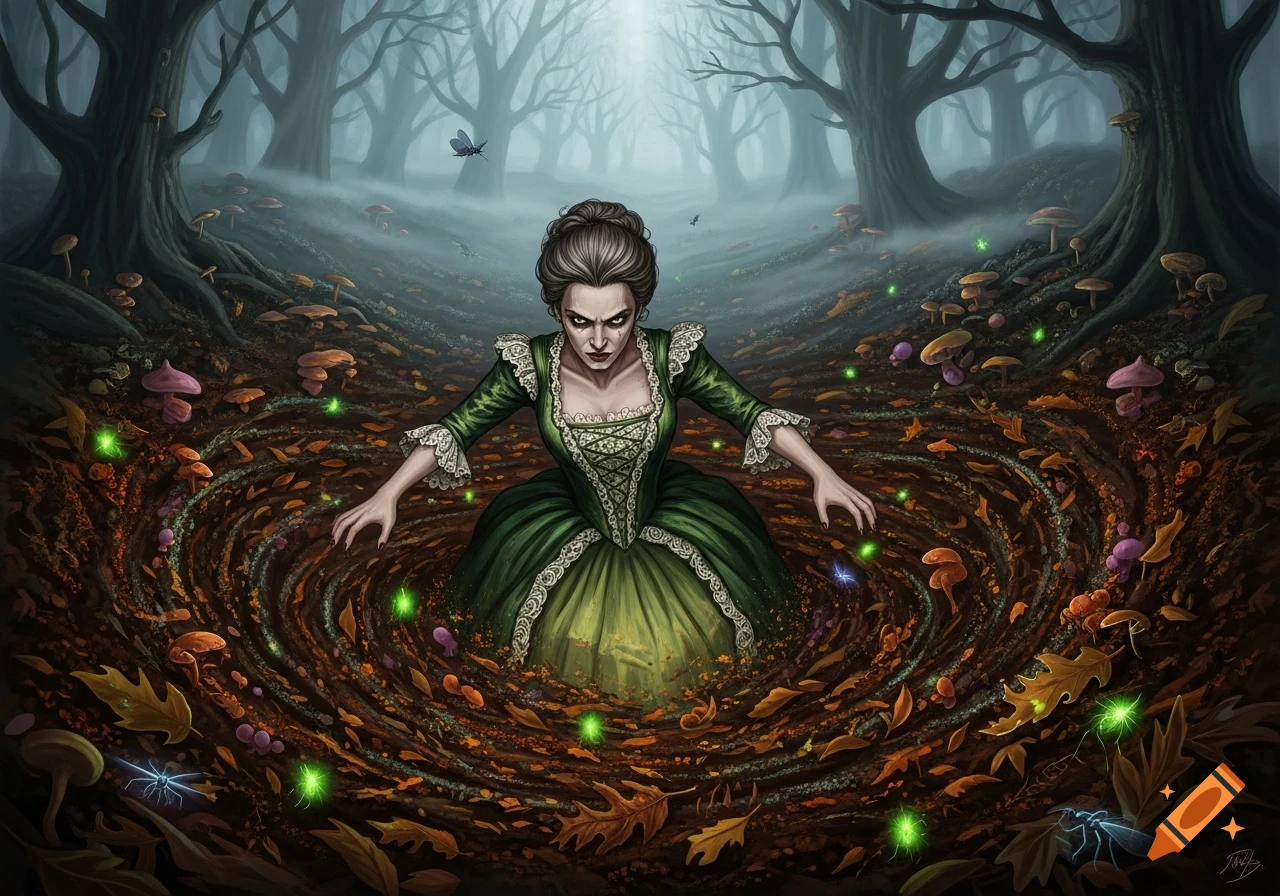 A furious witch in a green dress rises from a swirling vortex of leaves and mushrooms in a dark, misty forest, surrounded by glowing insects.