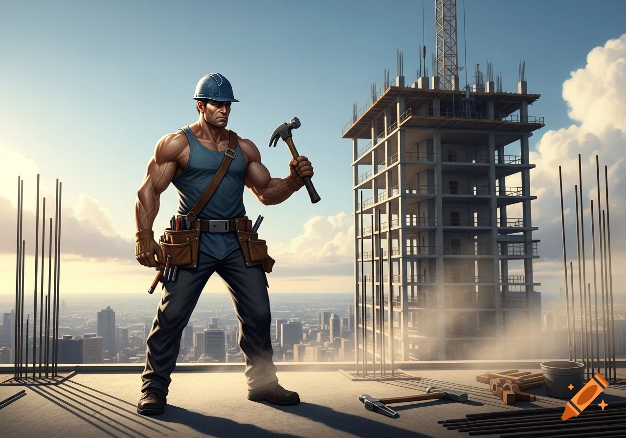 A muscular builder in a hard hat and tool belt holds a hammer on a skyscraper construction site overlooking a city.