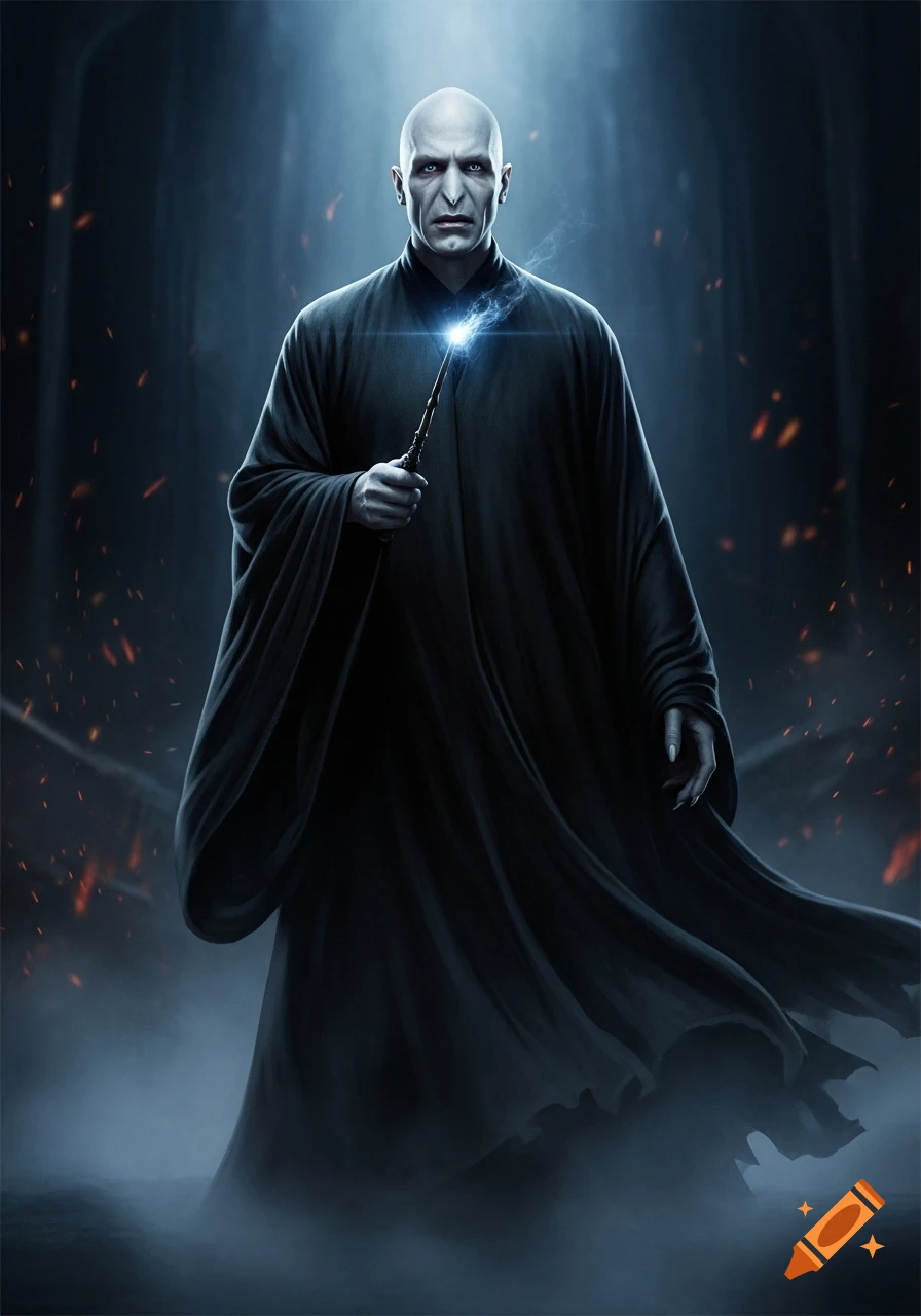 Lord Voldemort, a pale, bald man in a dark robe, holds a glowing wand in a misty, dark setting with embers.