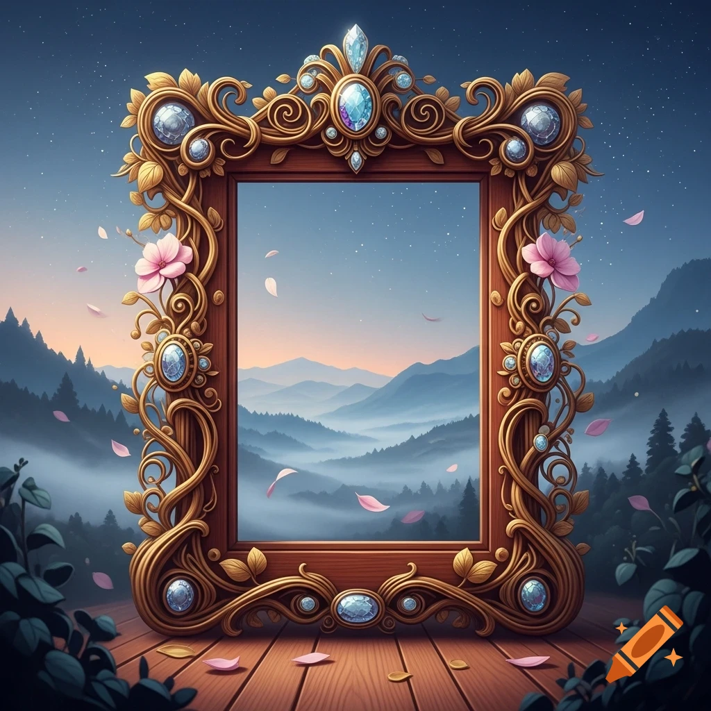 An ornate golden frame with pink flowers and blue jewels stands on a wooden deck, overlooking misty mountains under a starry sky.