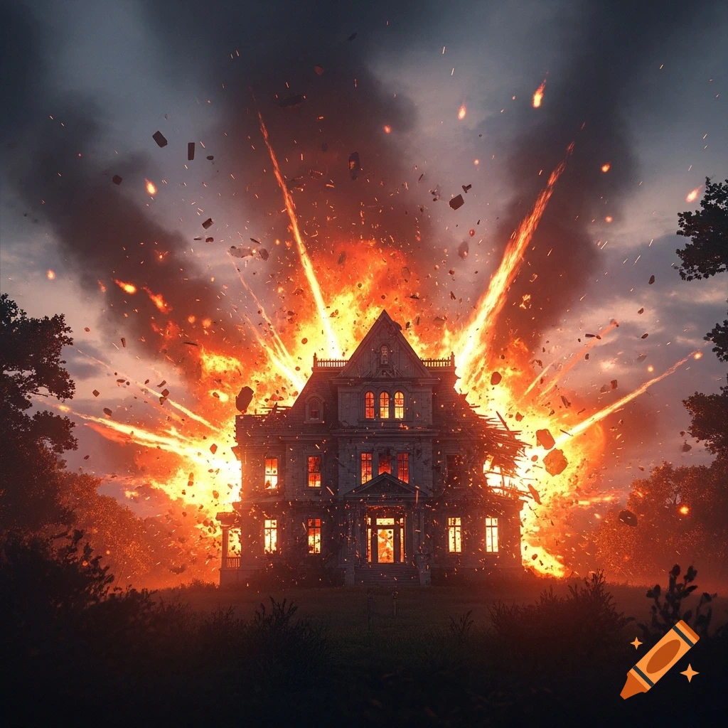 A large, old house erupts in a massive, fiery explosion, scattering debris under a dramatic dark sky.