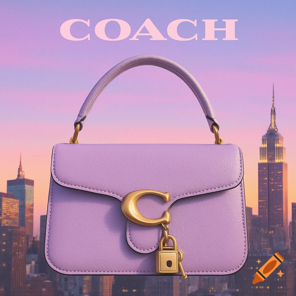 Purple Coach handbag with a gold 'C' clasp and padlock charm, set against a pastel sunset city skyline with 'COACH' text.