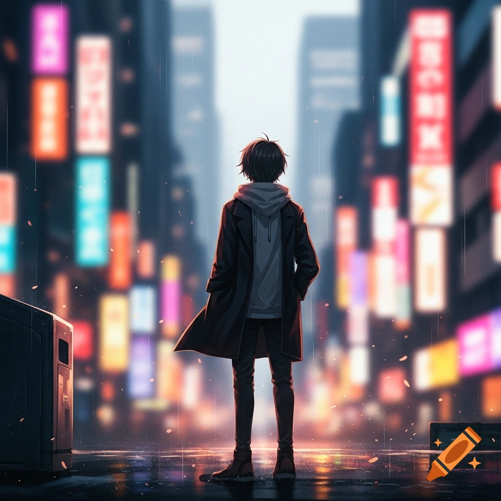 An anime-style person in a black coat stands in a rainy city street with blurred neon signs, viewed from behind.