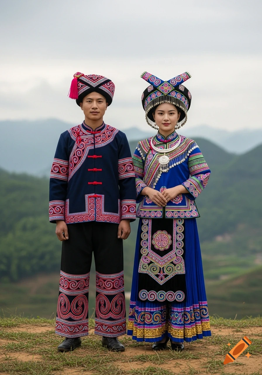 Two Miao people, a man and a woman, stand outdoors wearing vibrant, intricately embroidered traditional clothing, with a mountain landscape in the background.