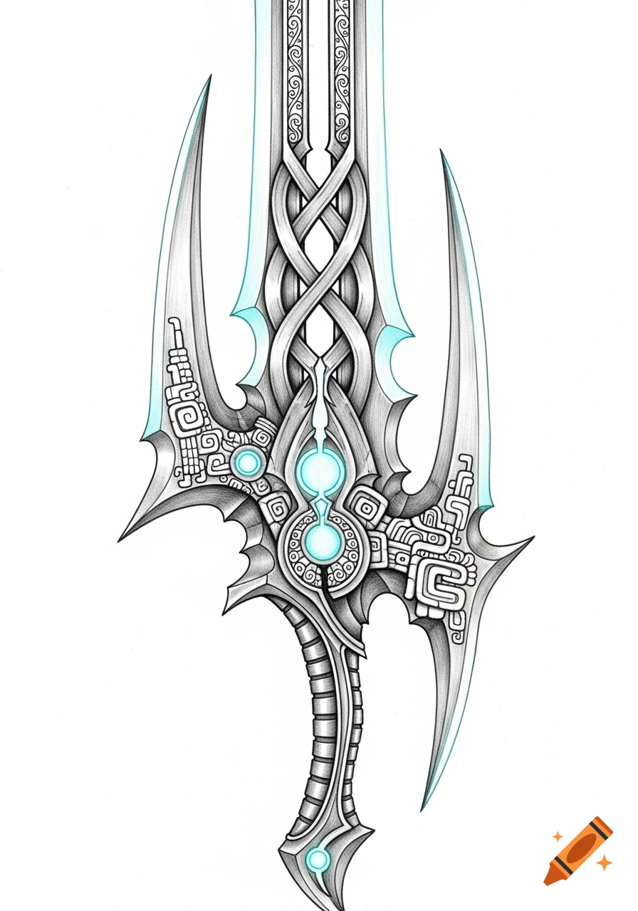 Detailed fantasy-sci-fi sword with silver Celtic and Mayan patterns, cyan glowing accents.