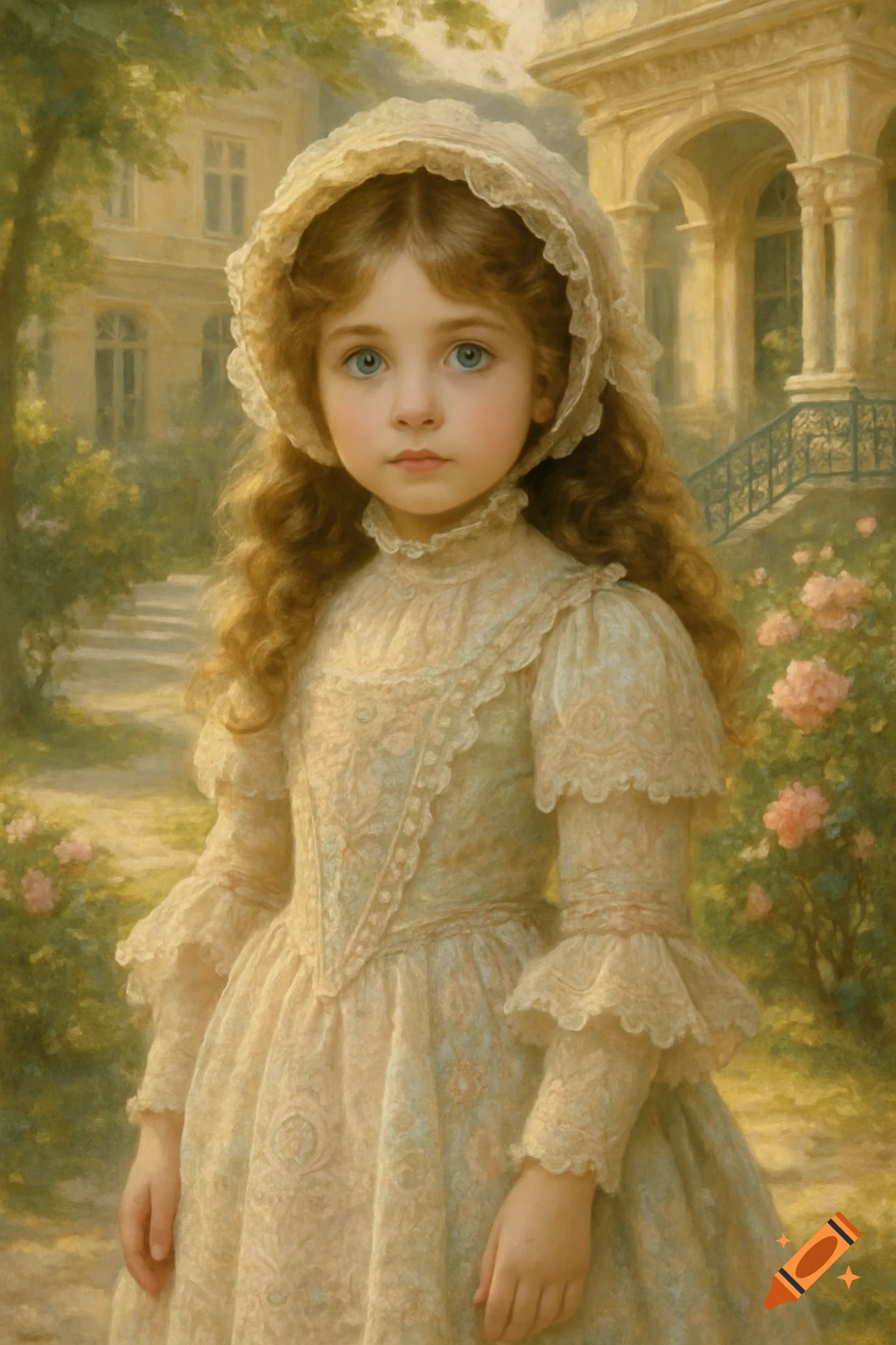Painting of a young girl with blue eyes and curly hair in a cream Victorian dress and bonnet, in a garden.