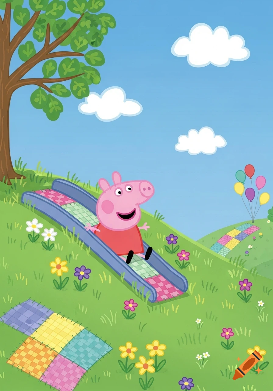 Peppa Pig smiles as she slides down a blue and pink slide on a green, flowery hill under a bright blue sky.