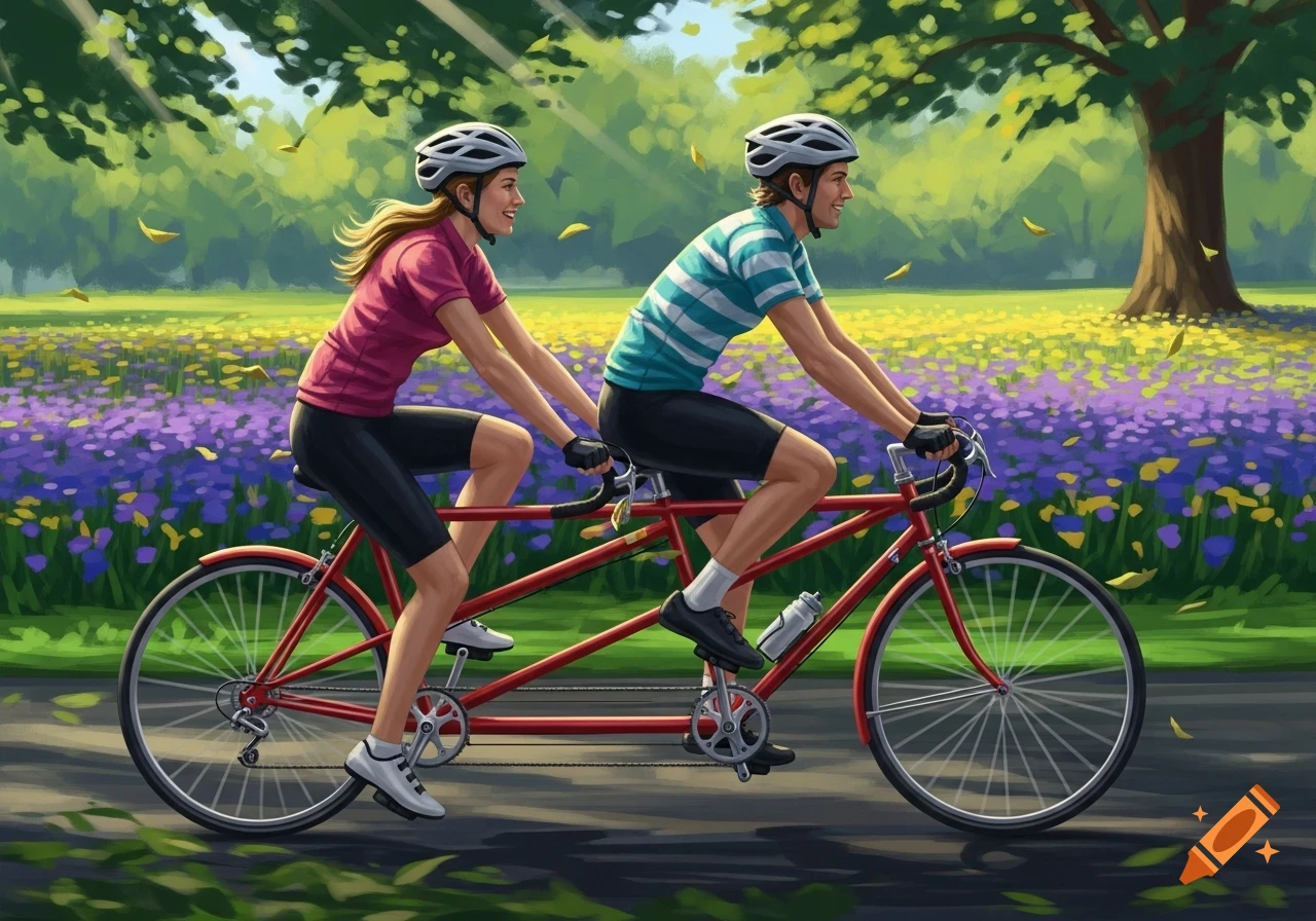Two people ride a red tandem bicycle through a park with purple and yellow flowers in a painterly style.