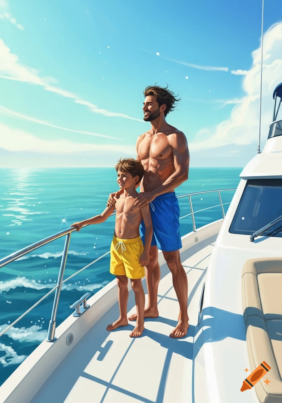A muscular man and a boy in swim shorts stand on a yacht deck, gazing at the sparkling turquoise ocean under a clear blue sky.