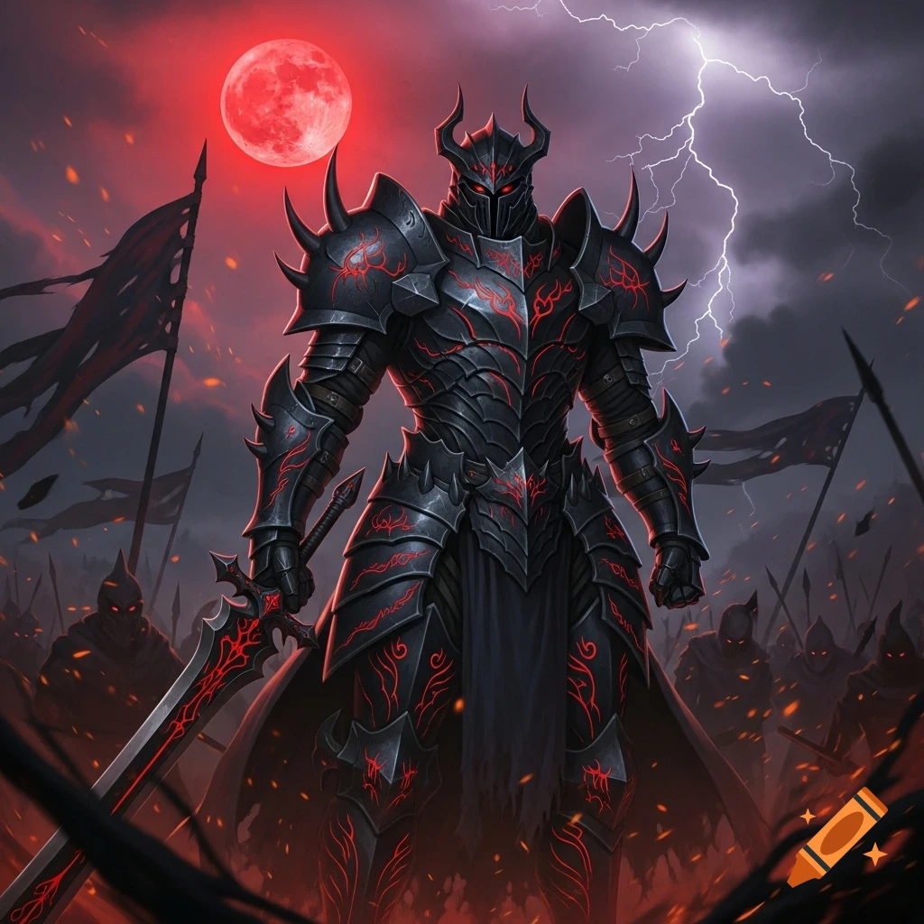 A menacing dark knight in ornate black and red armor stands on a fiery battlefield under a blood-red moon and stormy sky with lightning.