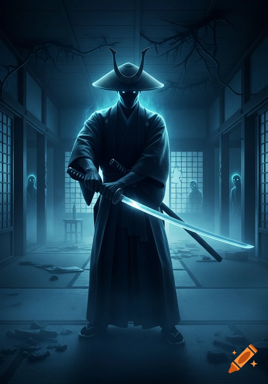 A ghostly samurai with glowing eyes and a blue aura holds a glowing katana in a dark, haunted Japanese mansion with spirits.
