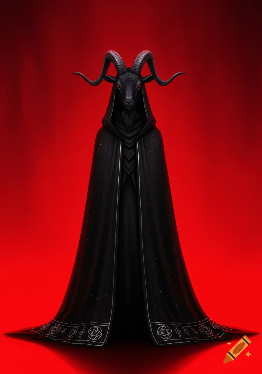 A black goat-headed humanoid in a long, dark, starry cloak with arcane symbols on the hem, standing against a vibrant red background.