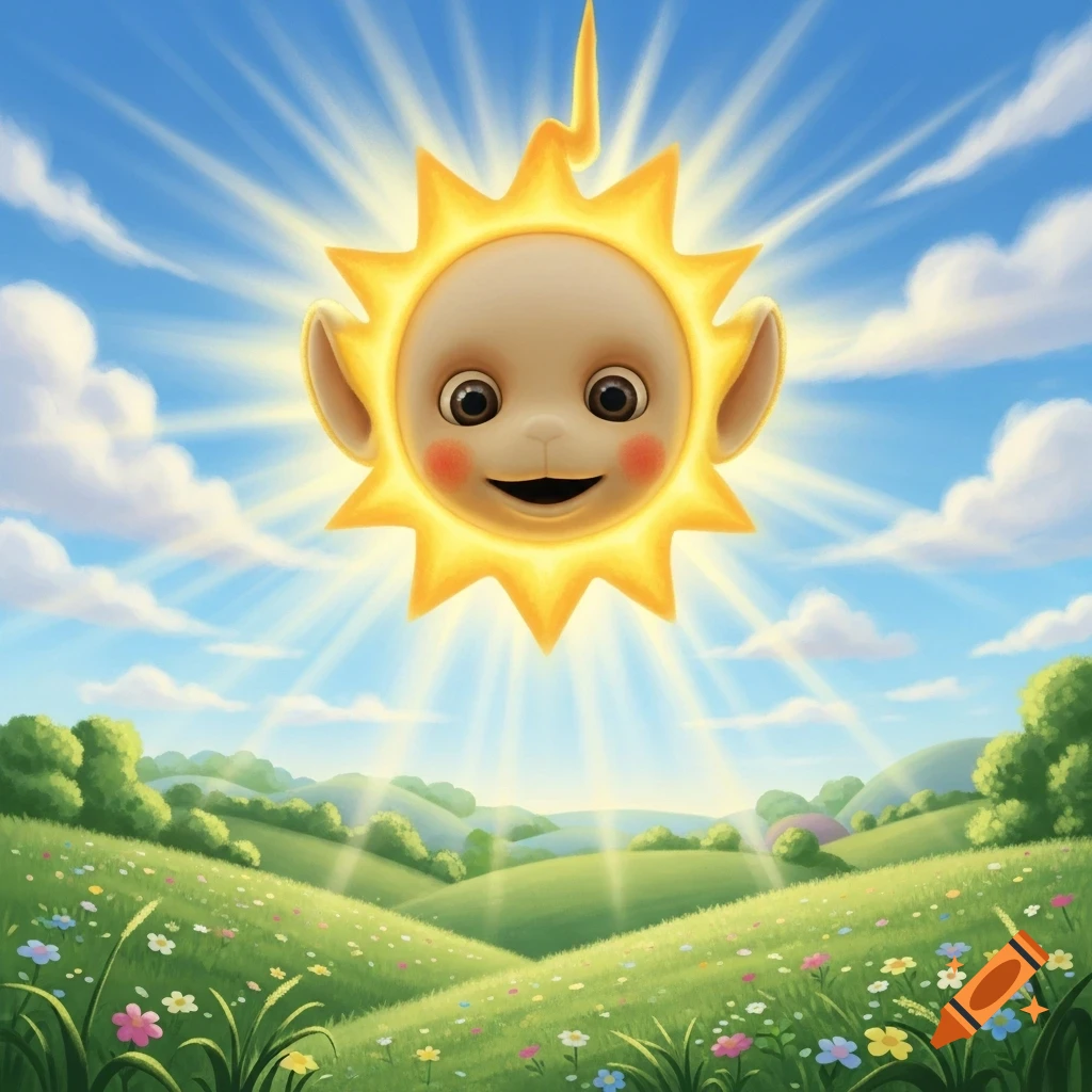 The Teletubbies Sun Baby with a smiling face shines brightly over a green, rolling landscape filled with colorful flowers under a blue sky.