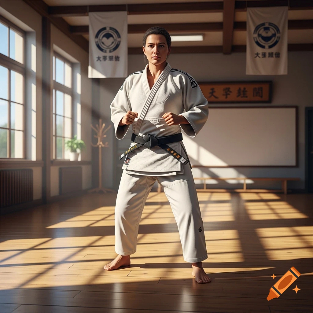 A woman in a white judo gi with a black belt stands in a guard stance in a traditional dojo with wooden floors and sunlit windows.