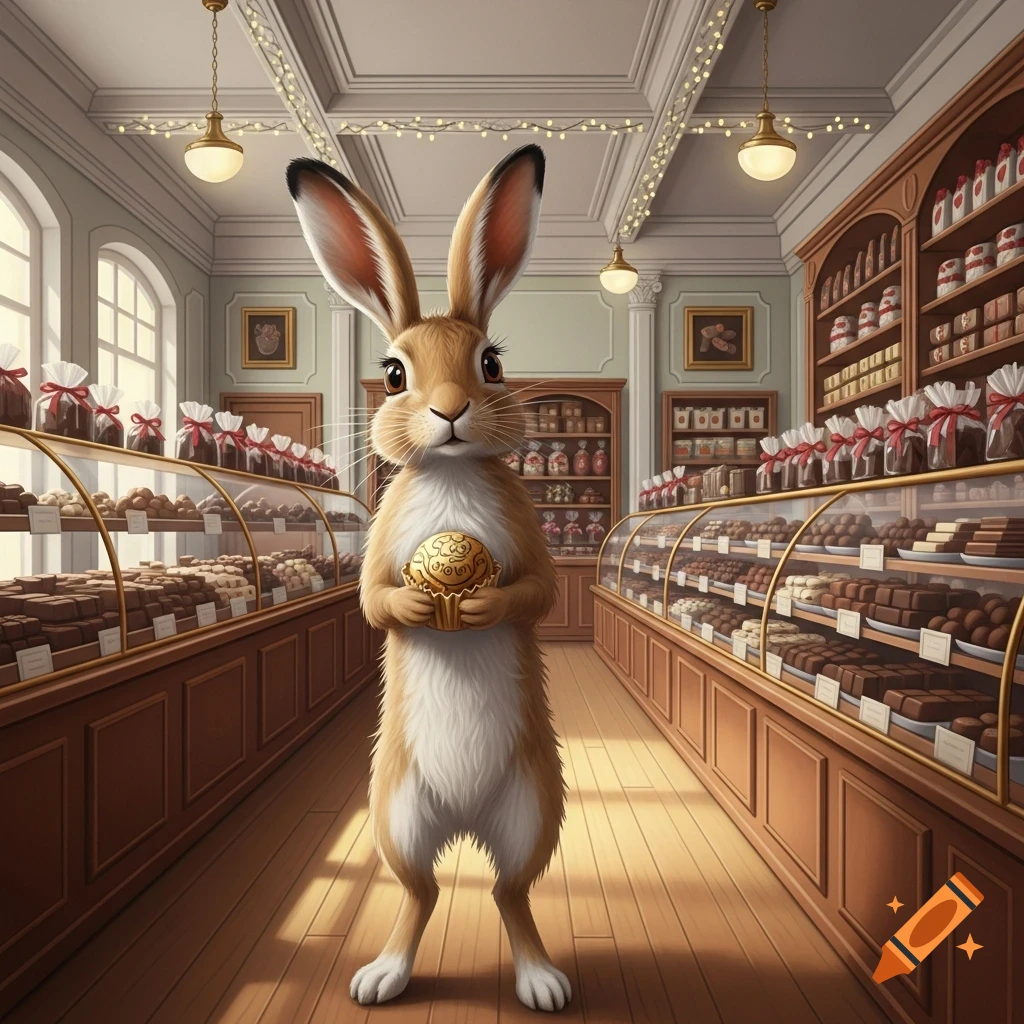 An anthropomorphic rabbit stands in a luxurious chocolate shop, holding a golden chocolate egg.