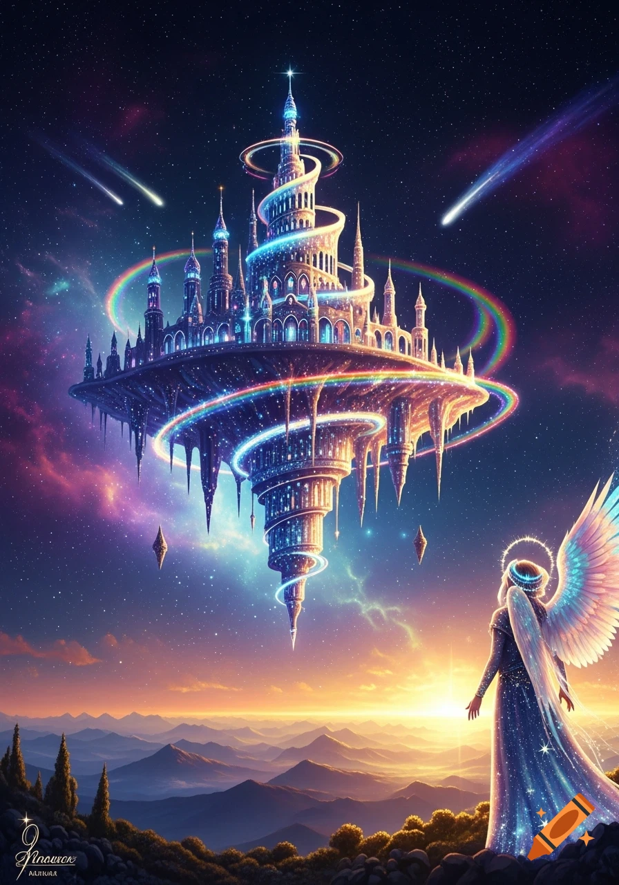 A vibrant, fantastical glowing castle floats in a starry cosmic sky with shooting stars above mountains, observed by a luminous winged figure.