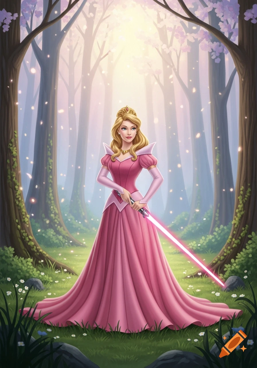 A princess in a pink dress holds a pink lightsaber in a magical forest with cherry blossoms.