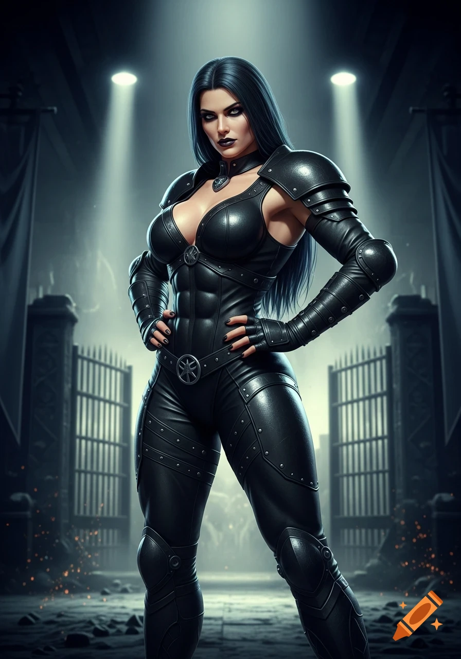 A muscular woman with long dark hair and dark makeup wears a black leather armored suit, hands on hips, in a dark, spotlighted setting.