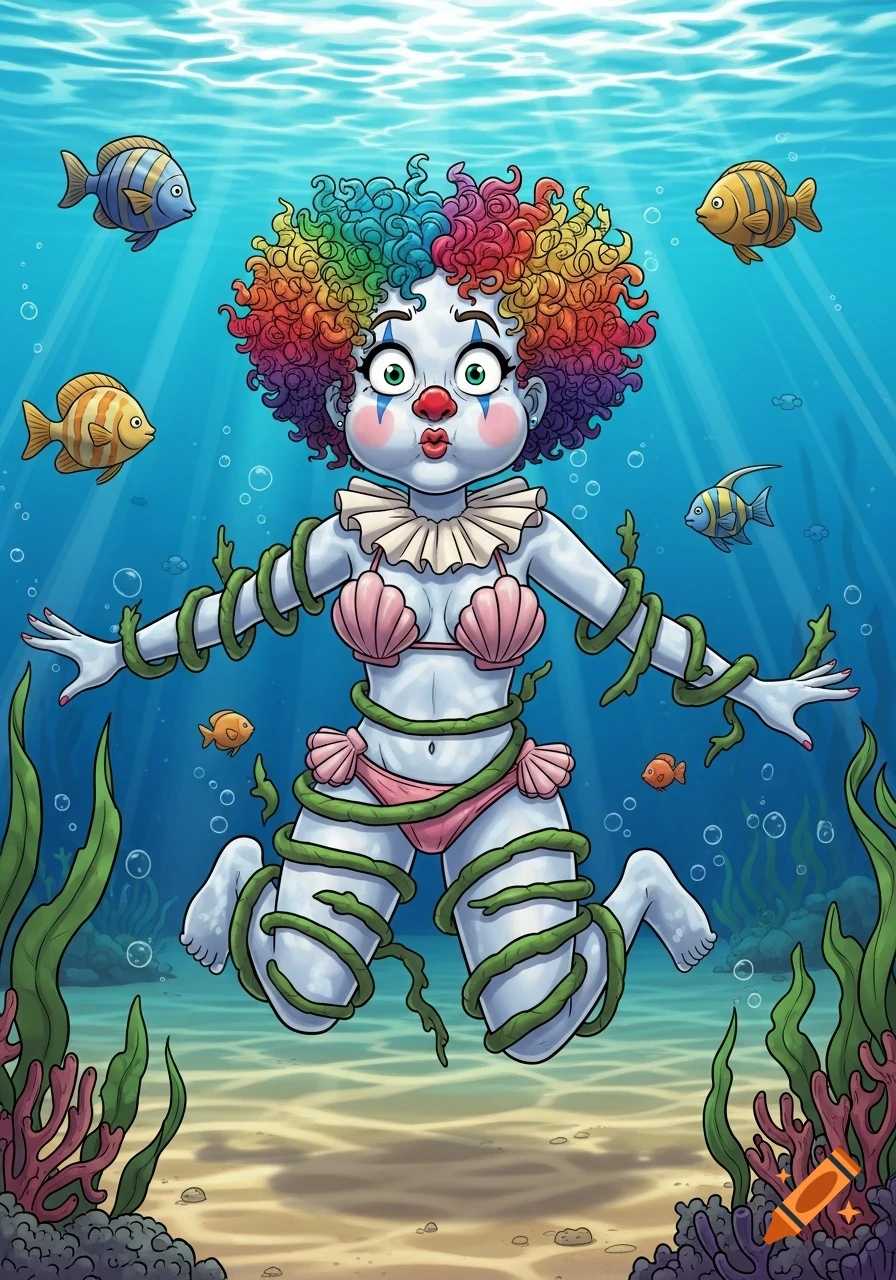2D cartoony illustration of a clown girl in a shell bikini, tangled in seaweed underwater, with her face turning blue.
