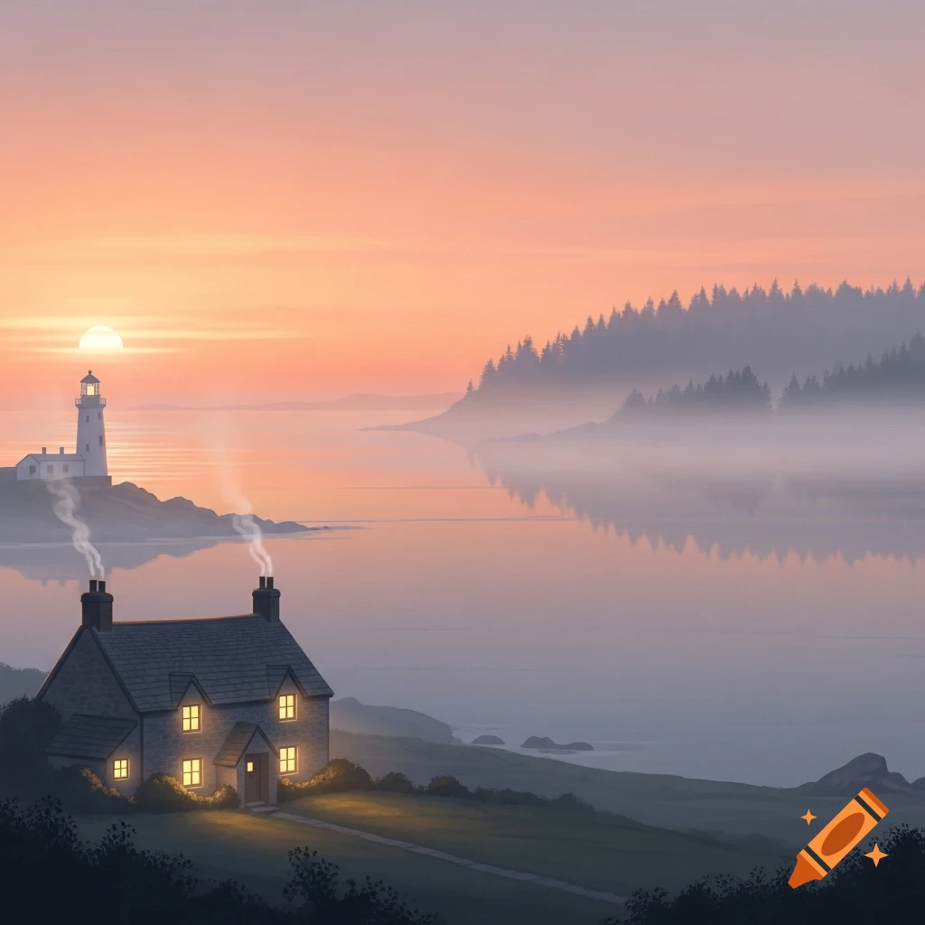 An illustrated coastal landscape at sunrise with a glowing cottage and distant lighthouse amid mist.
