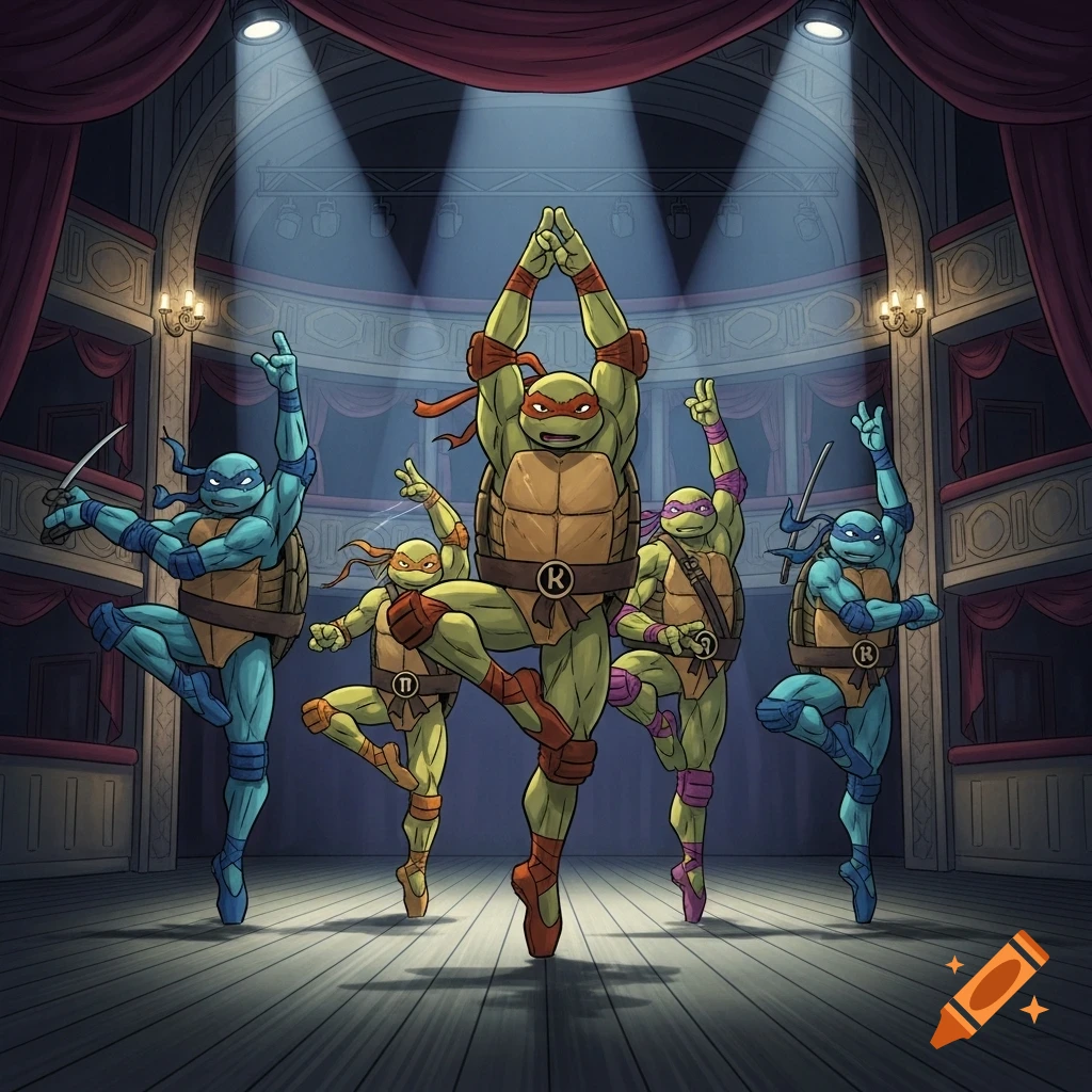 The Teenage Mutant Ninja Turtles perform ballet on a spotlighted stage in a grand theater, in a cartoon style.