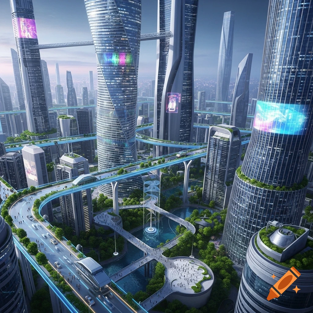 A high-angle view of a sprawling futuristic city with towering skyscrapers, elevated highways, and lush green spaces.