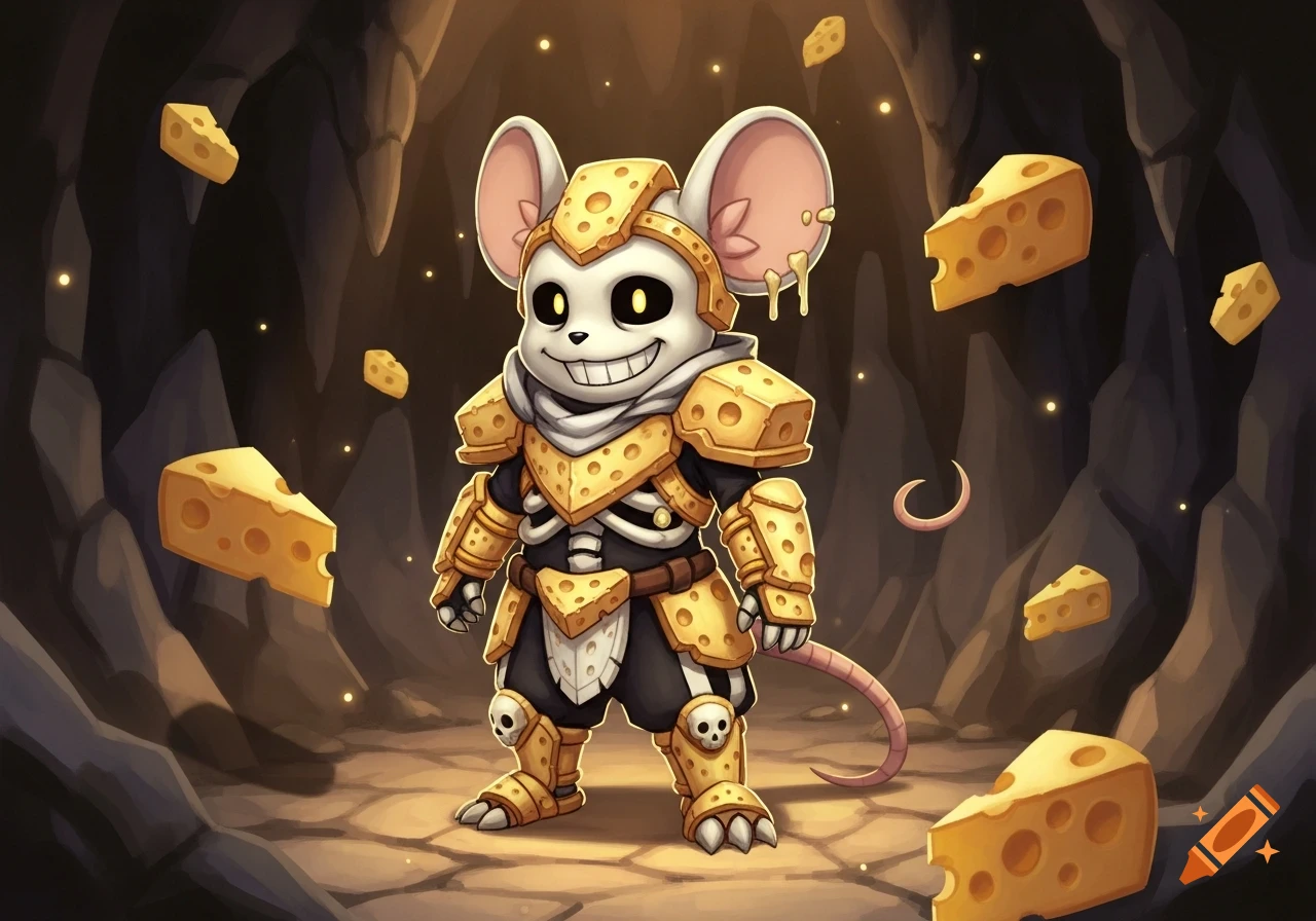 A cartoon mouse character with a skull face and wide grin wears golden cheese armor in a dark cave with floating cheese wedges.