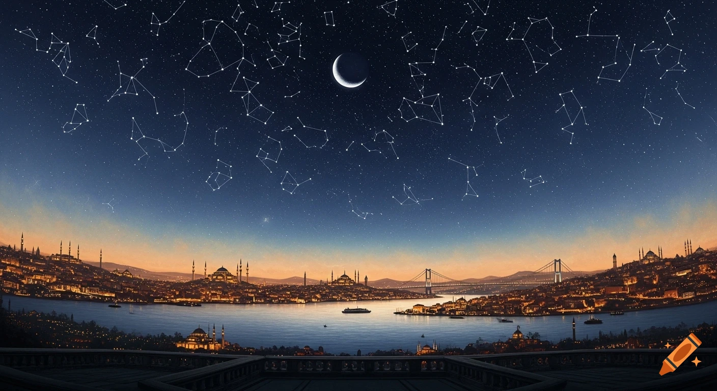 A panoramic view of Istanbul's illuminated skyline and Bosphorus at night, under a sky filled with constellations and a crescent moon.