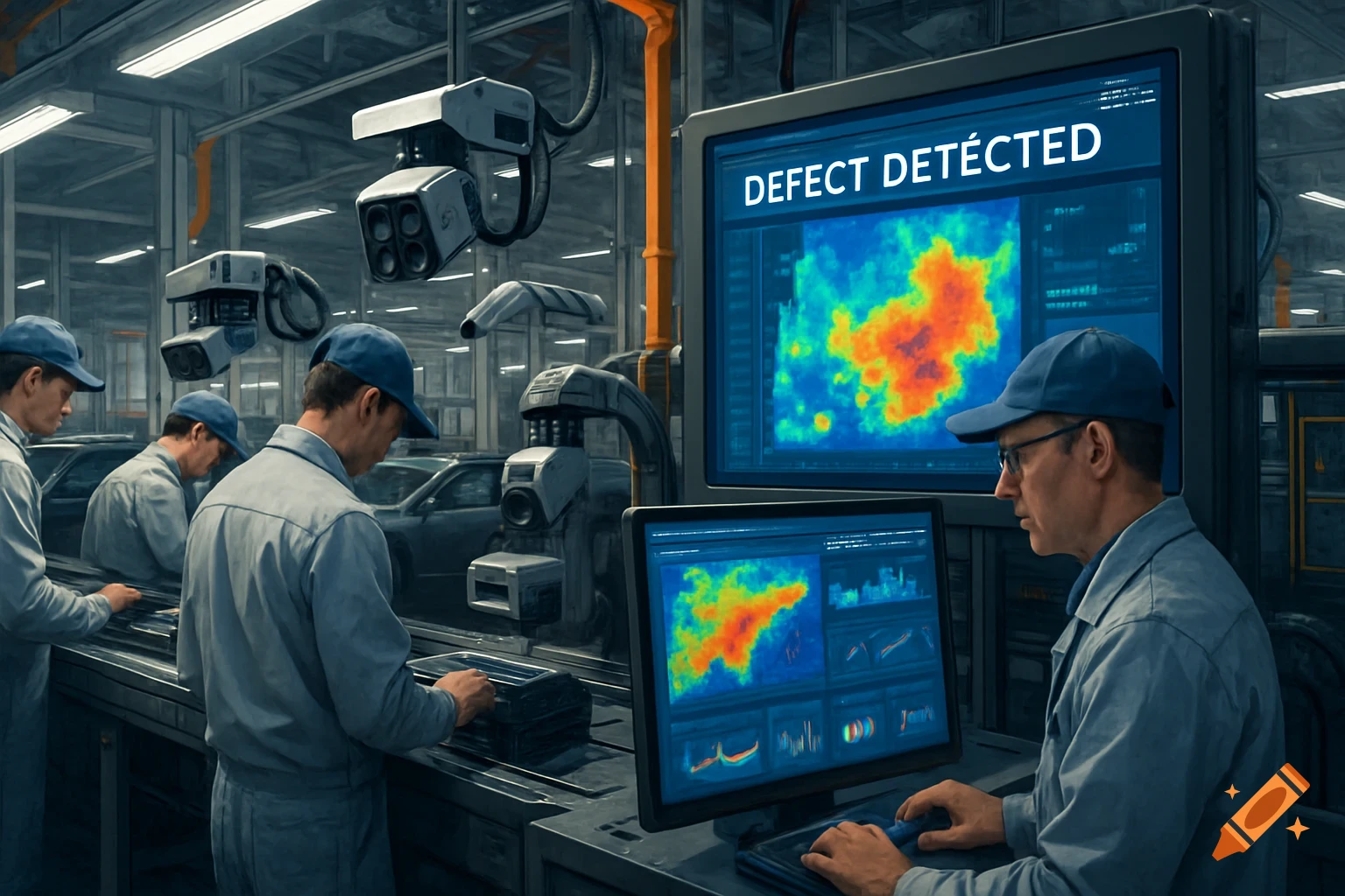 Engineers on a factory floor monitor defect detection data and heatmaps on digital screens, showing AI-assisted quality control.