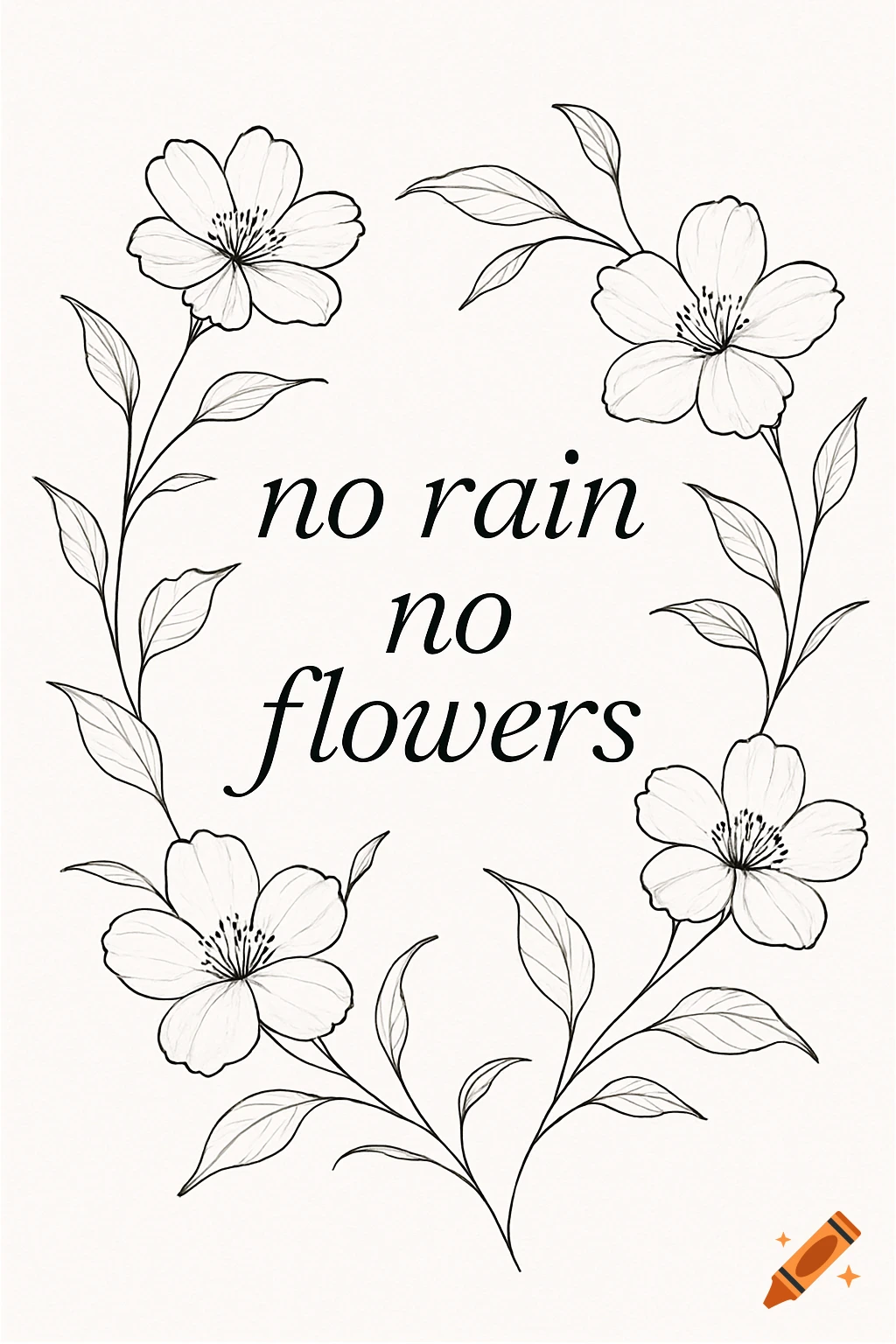 Black and white line art illustration of a floral wreath framing the text "no rain no flowers" in a decorative font.