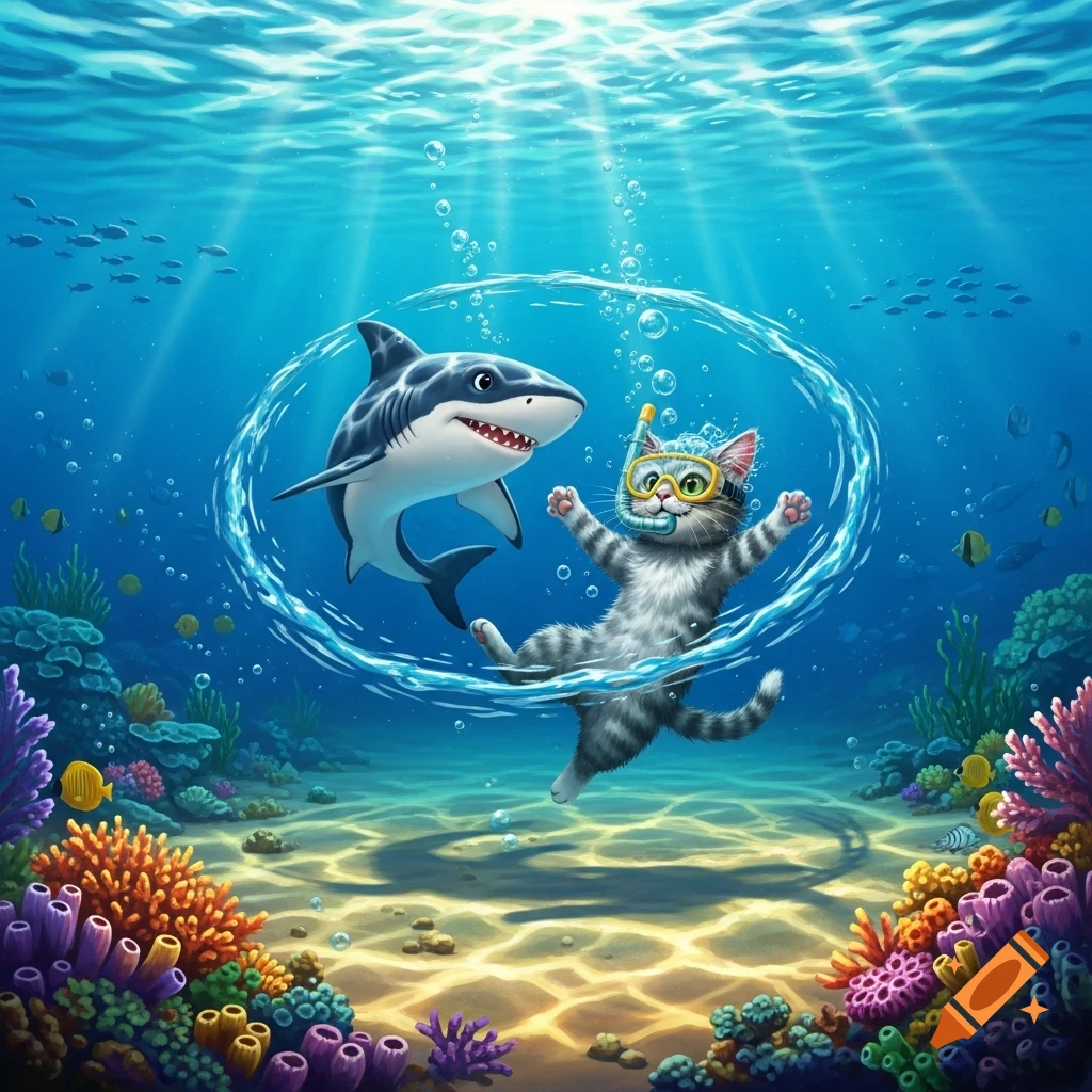 A cartoon cat in a snorkel mask floats in a bubble next to a friendly shark underwater, surrounded by colorful coral and fish.