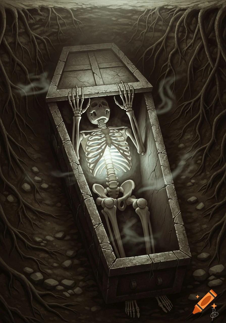 A stylized illustration of a skeleton with a glowing ribcage pushing open a stone coffin, buried underground amidst tree roots.